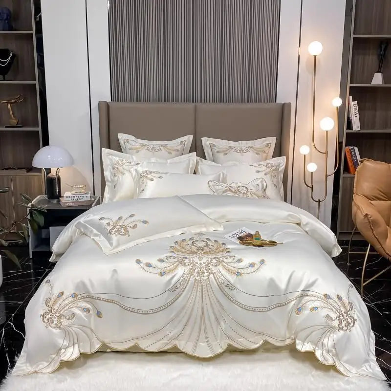 Set of white and gray satin cotton bedding with gold embroidery, includes comforter cover, bed sheet, and pillowcases for double, queen, or king beds.