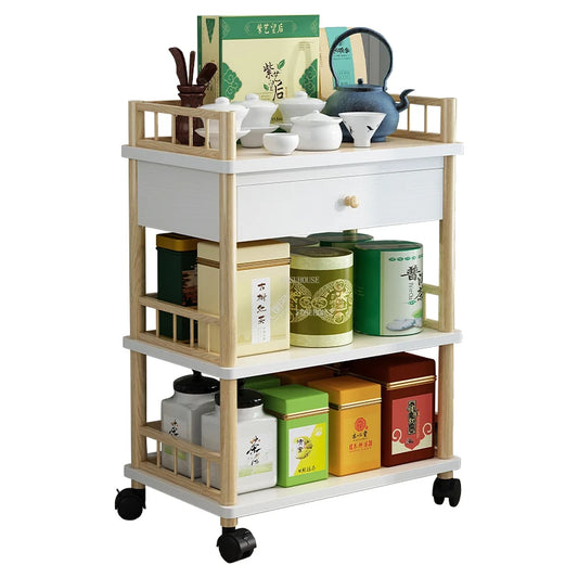 Modern solid wood salon trolley with multiple storage compartments, mobile design, ideal for beauty salons and barber shops.