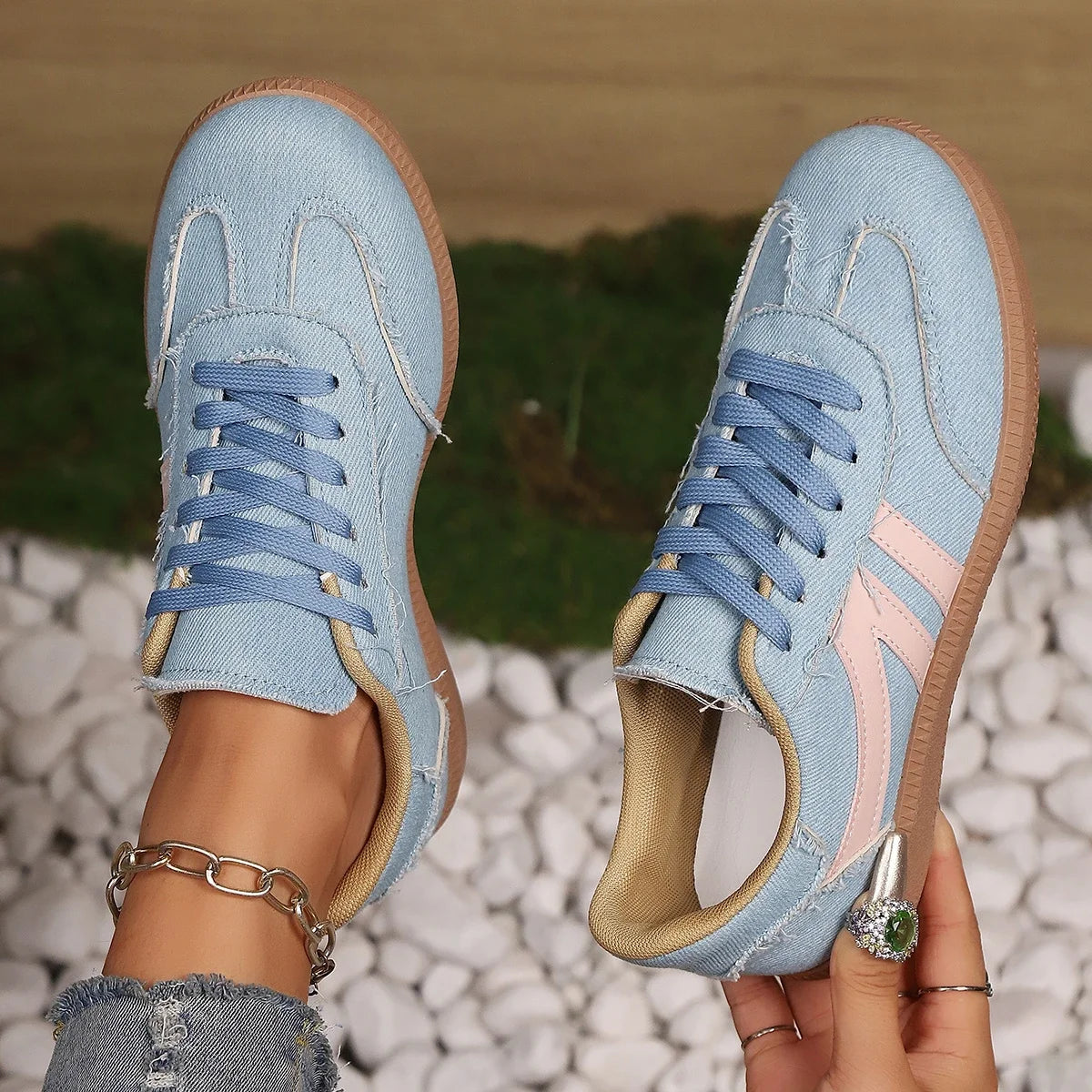 Dark blue women’s designer ballet sneakers with soft soles, anti-skid soles, and casual walking comfort for autumn daily wear.