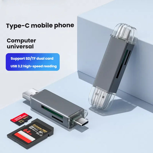 Dark grey USB 3.2 Type-C card reader from BackupMyFilesNow.com for SD and TF memory cards, ideal for mobile phone storage.