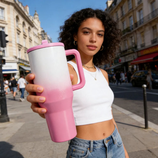 Dark pink 40 oz stainless steel traveler water bottle with handle and flip straw, ideal for travel and outdoor use.