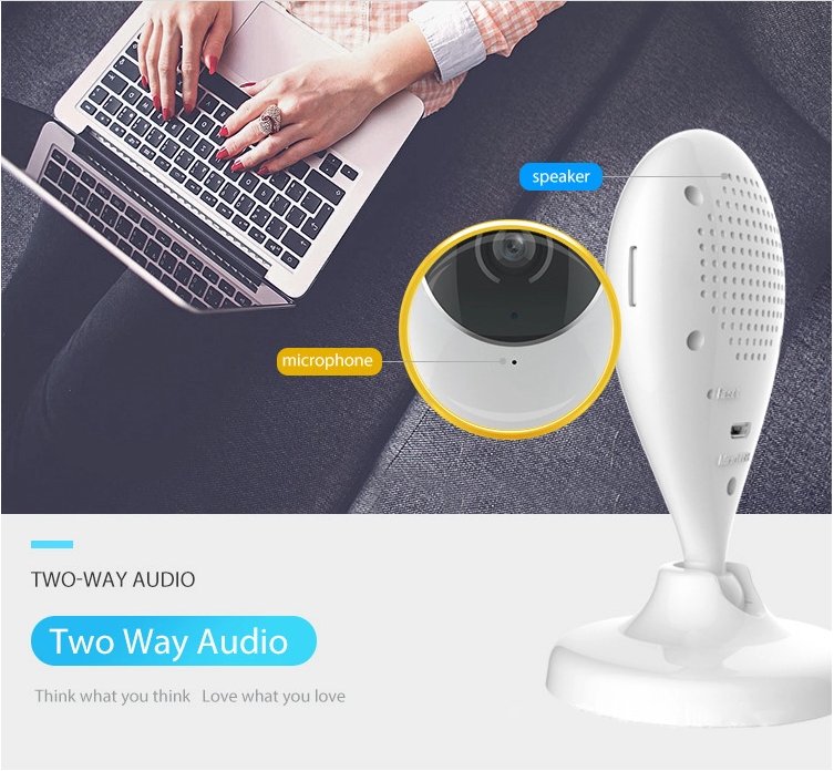 Wireless mini security camera in black with HD 1080P resolution, compact design, and WiFi connectivity for home surveillance.