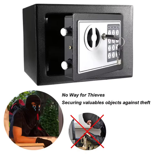 All-steel digital keypad lock safe by BackupMyFilesNow for home or office, compact security box with password and key access.