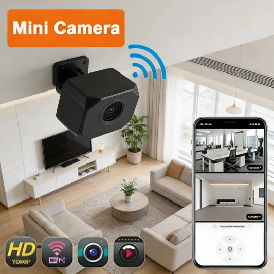 Indoor 4K HD WiFi security camera with night vision, motion detection, 2-way audio, and remote monitoring for home security.