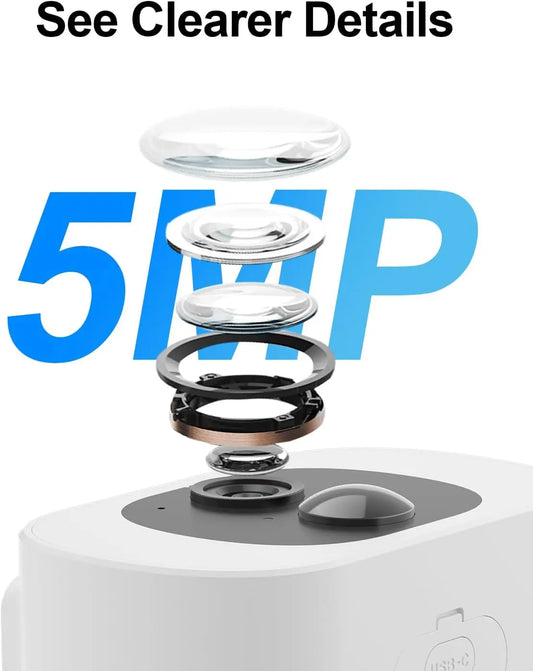 Wireless 5MP outdoor solar security camera with built-in solar panel, battery-powered WiFi camera for home surveillance in color.