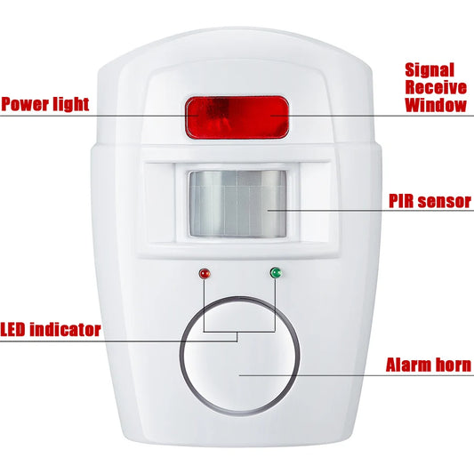 Wireless home security PIR motion detector with infrared sensor and 105DB siren, part of BackupMyFilesNow's anti-theft alarm system.
