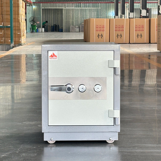Fireproof safe box with electronic lock by BackupMyFilesNow.com, designed for secure home and hotel storage, fire-resistant and durable.