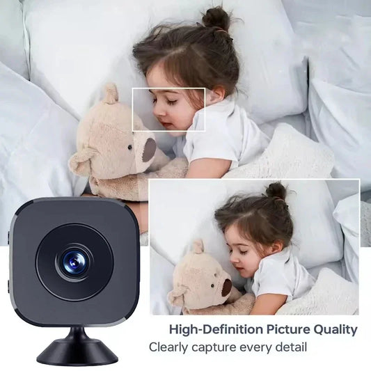 Mini Security Camera 4K Full HD wireless WiFi surveillance cam with two-way audio, motion detection, and infrared night vision.