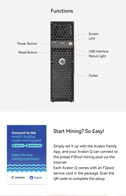 New Canaan Avalon Q 90TH/S Bitcoin ASIC mining machine by Avalon, showing the compact, professional cryptocurrency miner in a home setup.