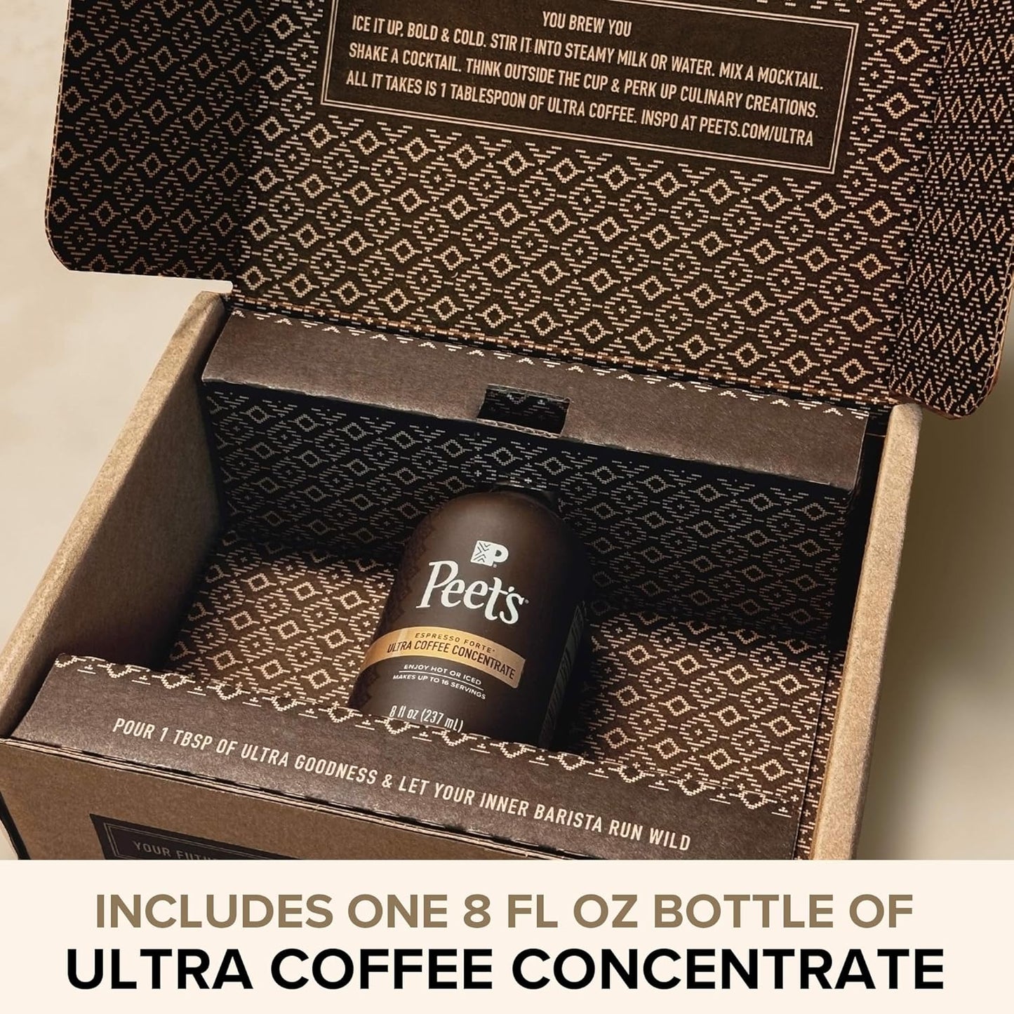Peet's Coffee Ultra Coffee Concentrate in 8oz bottle, 100% Arabica espresso forte for hot, cold brew, or iced coffee.