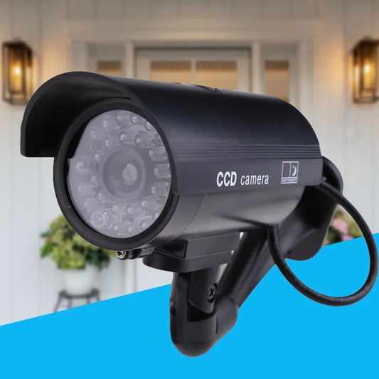 Fake surveillance security camera with blinking LED light, designed for outdoor and indoor theft prevention.