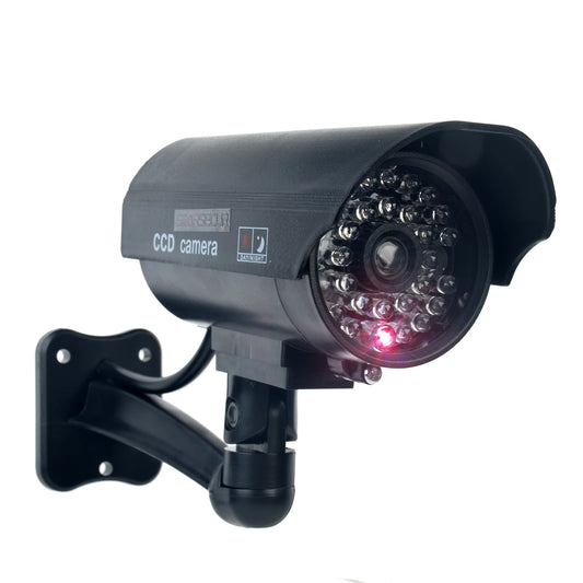 Fake CCTV security camera by Smarsecur with waterproof design, flashing red LED light, suitable for outdoor and indoor surveillance.