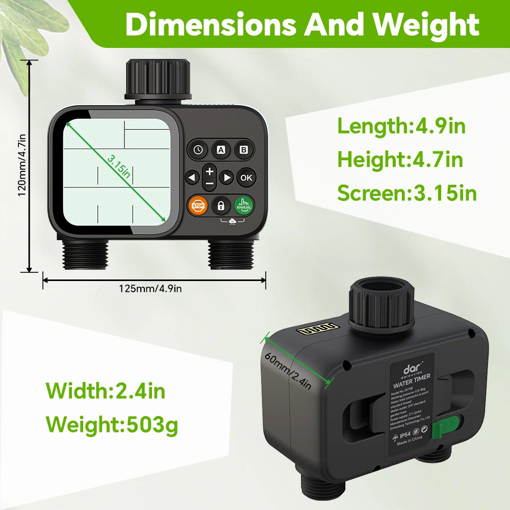 Smart 2-outlet irrigation timer with backlit LCD display and rain sensor for outdoor garden automatic watering system.