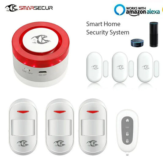 Wireless smart home security system with WiFi siren, door contact, and PIR sensor for home alarm protection.