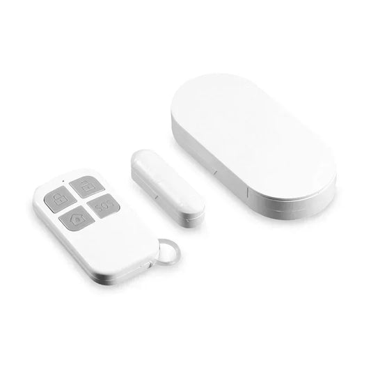 Wireless smart home door and window security system with magnetic burglar sensor and remote alarm for garage security.