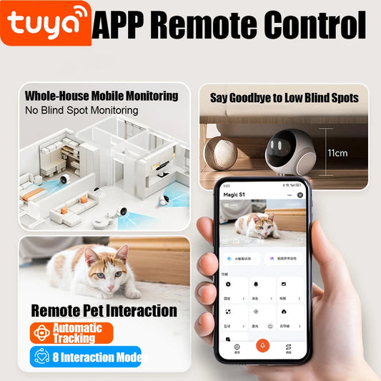 Smart robot security camera with night vision, 2-way audio, AI motion detection, and WiFi connectivity for home surveillance.
