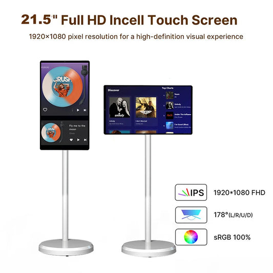 21.5-inch portable smart TV with rollable touch screen, digital signage display, and sleek design for mobile entertainment.