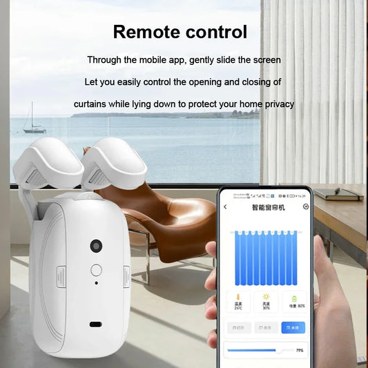 Smart WiFi motorized curtain control system with app and voice remote, supports up to 8kg drapes for home automation.
