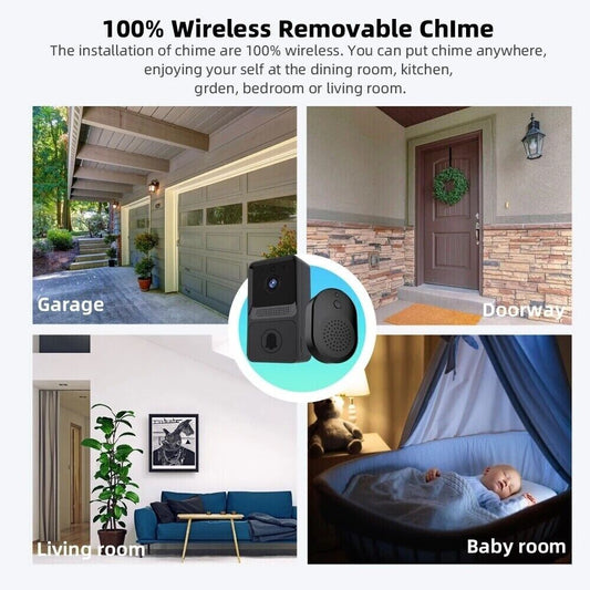 Smart wireless WiFi doorbell with intercom and video camera, featuring door ring and security chime for home safety.