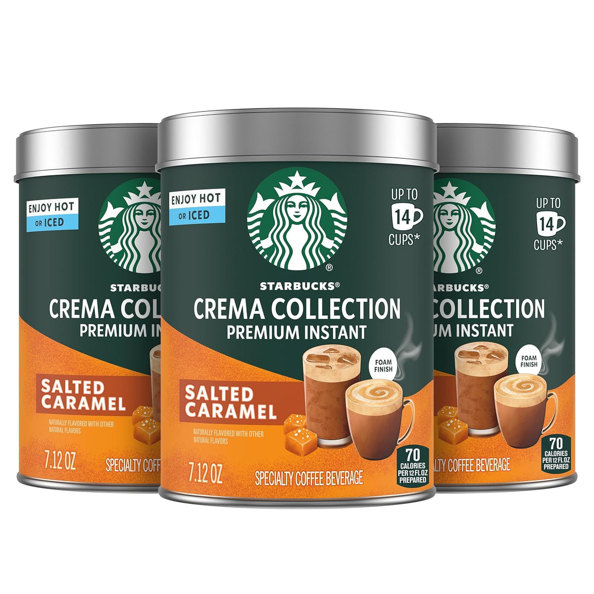 Starbucks Crema Collection salted caramel flavored instant coffee in three 7.12 oz tins made with 100% Arabica beans