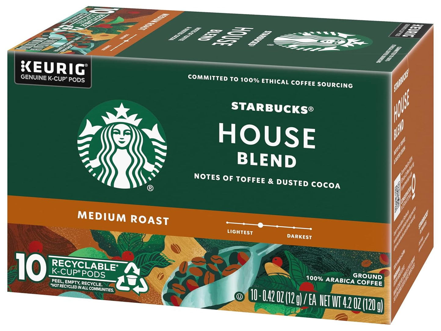 Starbucks House Blend Coffee K-Cup pods, medium roast Arabica coffee, 10-count boxes, for Keurig brewing machines.