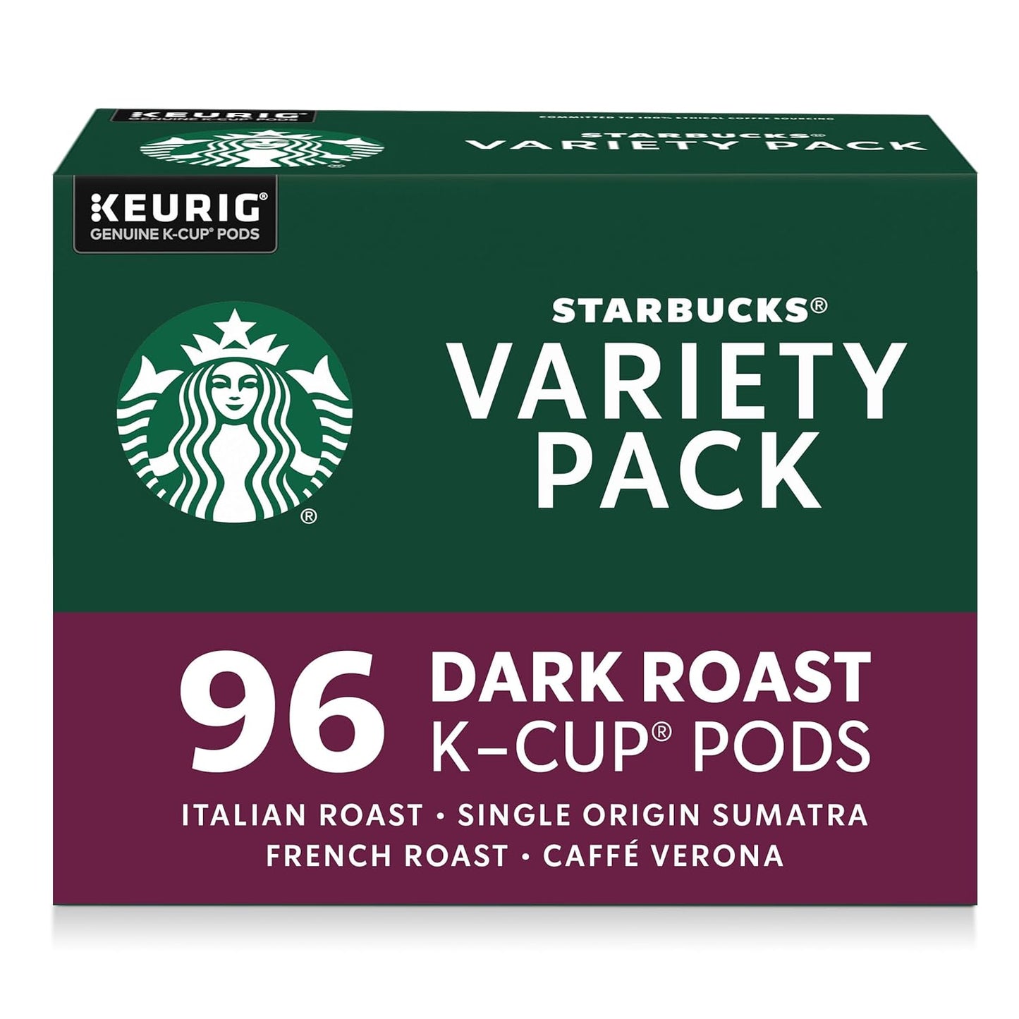 Starbucks K-Cup coffee pods dark roast variety pack for Keurig, hot or iced coffee, 96 single-serve coffee pods.