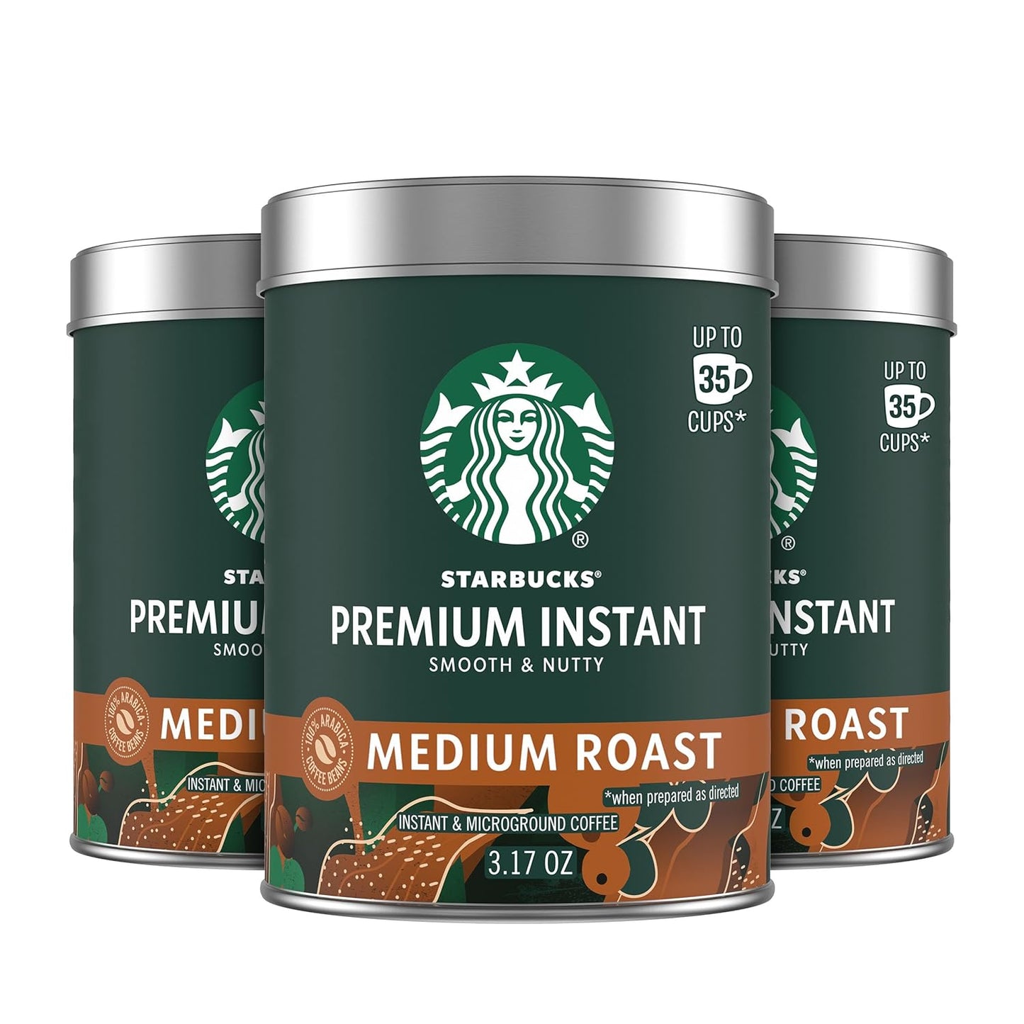 Three 3.17 oz tins of Starbucks Premium Instant Coffee with medium roast Arabica beans on a plain background.