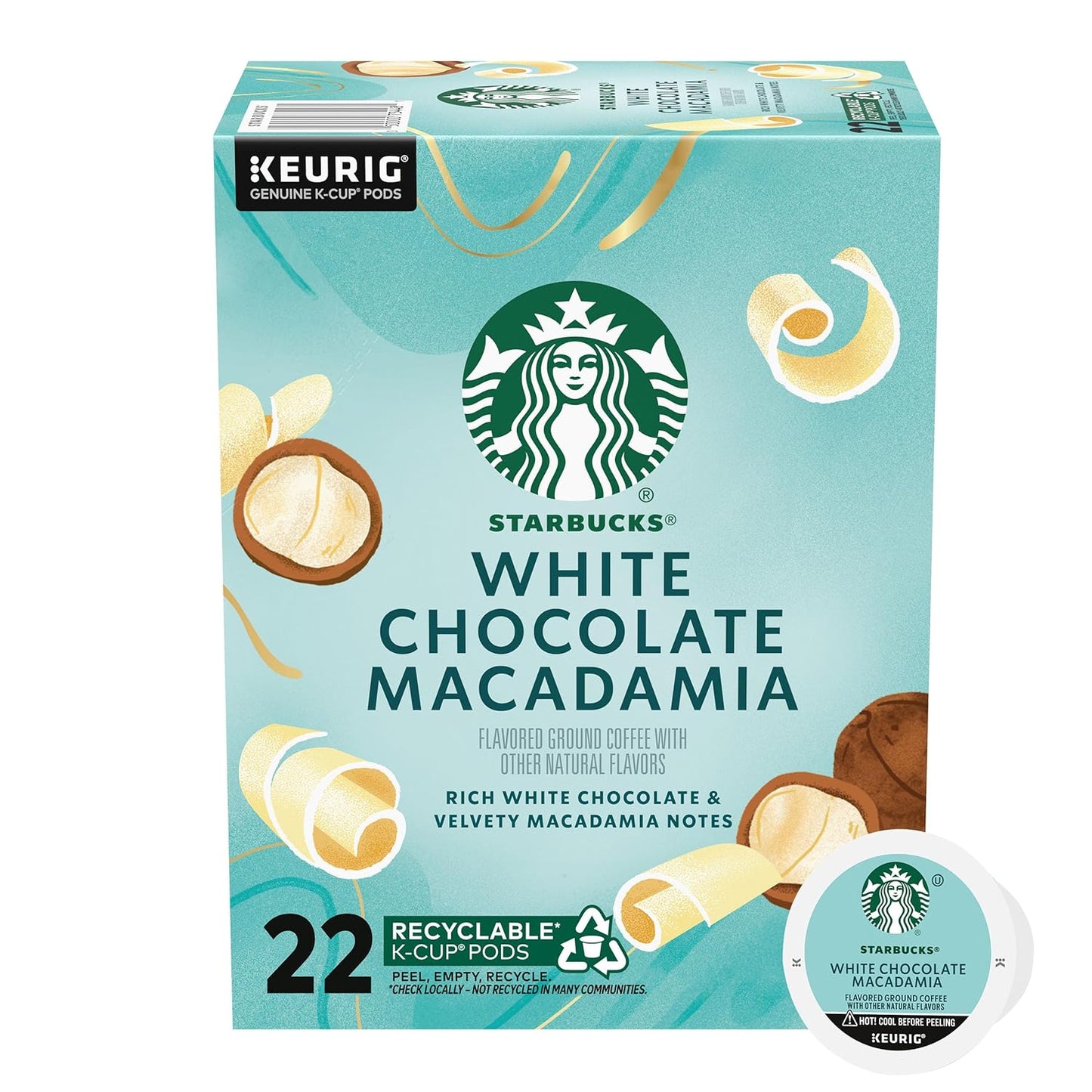 Starbucks White Chocolate Macadamia ground coffee K-Cup pods in a 22-count box, 7.9oz, with coffee grounds and packaging visible.