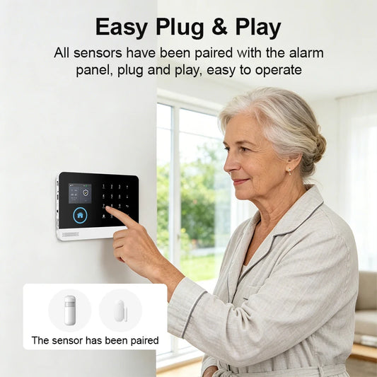 Wireless smart home GSM alarm system with door sensor, 4G WiFi, compatible with Smart Life app and Alexa for house security.