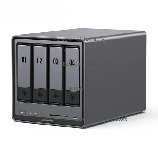 NASync DXP4800 Plus 4-bay desktop NAS with Pentium Gold 8505 CPU, 8GB RAM, supports RAID 5 and 4K 60Hz video.