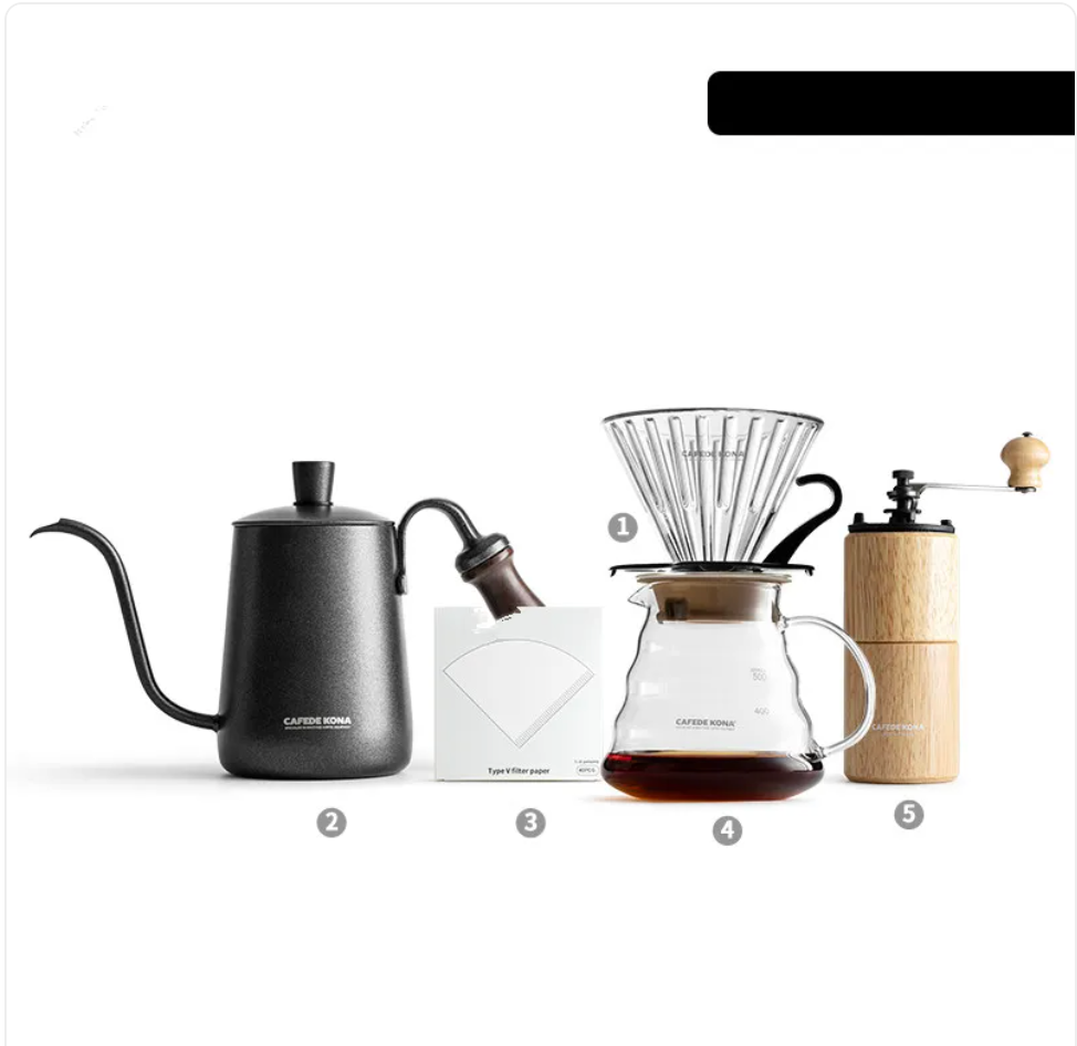 Kona Coffee Drip Pot with Filter by BACKUPMYFILESNOW.COM® for hand-brewed coffee, shown with glass coffee maker and filter.