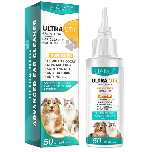Pet ear cleaner in a 50ml bottle, designed for safe ear cleaning, with a clear liquid for pets.