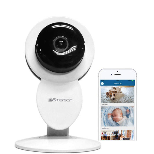 Emerson WiFi indoor security camera with two-way audio, night vision, motion detection, and 1080P resolution.