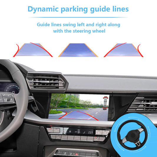 AHD backup camera for Audi A3, A4, S4, A5, Q5, S5, Q3 2019-2025, MIB3 system retrofit, rear and front view, no programming needed.