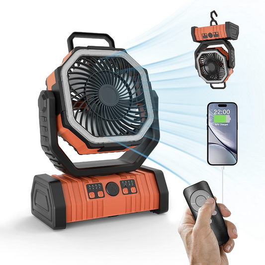 Orange outdoor power bank with LED light and camping fan, portable household backup device from BackupMyFilesNow.com