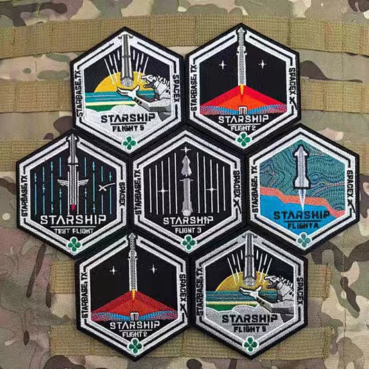 SpaceX Starship exploration embroidery patch with Starbase TX flight launch design, for clothing and bag decoration.