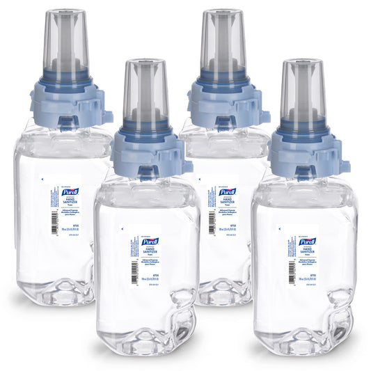 Pack of four PURELL Advanced Hand Sanitizer Foam refills in 700 mL bottles for PURELL ADX-7 dispensers, luxurious foam formula.