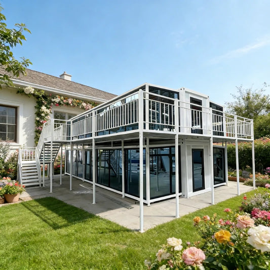 Foldable 40ft luxury container house by BACKUPMYFILESNOW.COM® featuring modern design, waterproof exterior, portable outdoor living space.