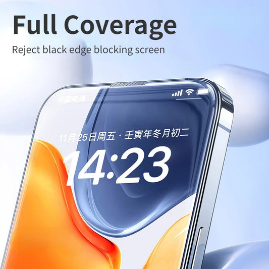 SmartDevil full cover tempered glass screen protector for iPhone 14, 13, 12 Pro Max, with edge-to-edge protection and auto-dust removal kit.