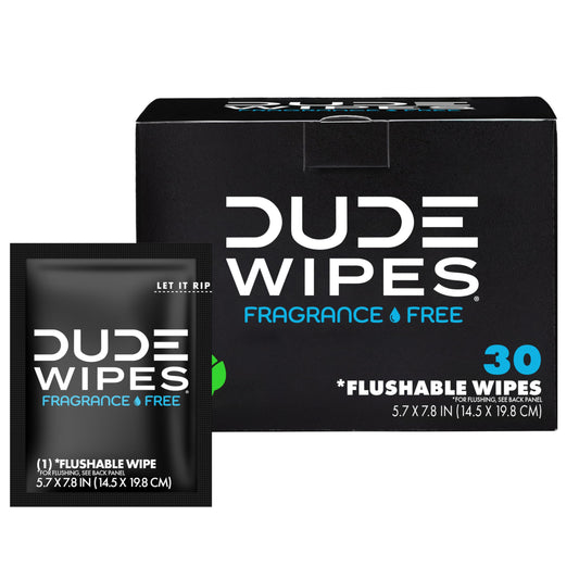 BackupMyFilesNow® DUDE Wipes, 30 unscented flushable adult wipes with vitamin E and aloe, individually wrapped for on-the-go use.