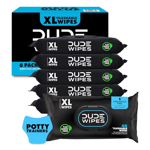 BackupMyFilesNow® DUDE Baby Wipes, 6-pack of unscented flushable wet wipes with vitamin E and aloe, extra-large, septic-safe.