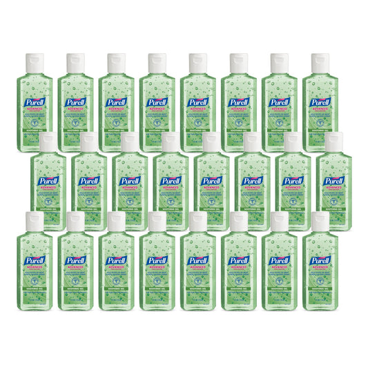 Pack of 24 PURELL Advanced Hand Sanitizer 4 fl oz travel-size bottles with soothing gel and fresh scent, flip cap design.
