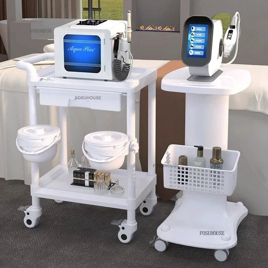European plastic salon trolley with wheels, auxiliary tool cart, designer salon furniture, and adjustable shelves for beauty salons.