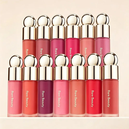 Rare Beauty liquid blush and cheek rouge in natural, long-lasting muddy color with a glossy, moisturizing finish.