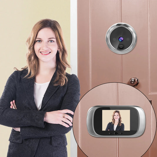 2.8-inch night vision digital door viewer with camera and doorbell for home security, showing the device installed on a door.