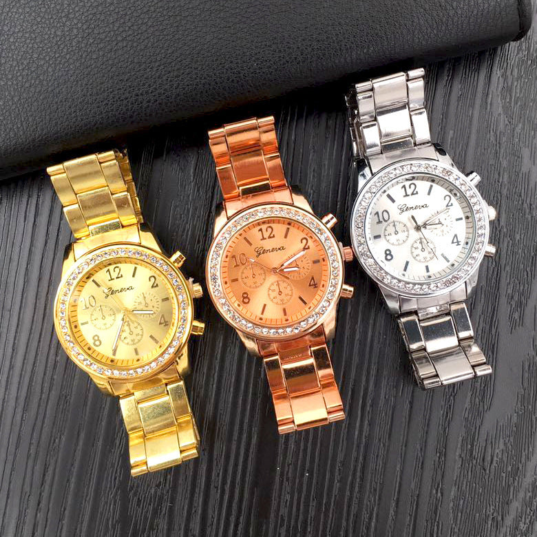 Gold Geneva Classic stainless steel women's quartz watch with a sleek round face and elegant design.