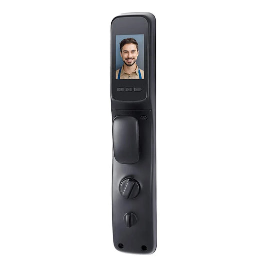 Golden smart digital door lock with 3D face recognition, electronic password, and integrated camera for enhanced security.