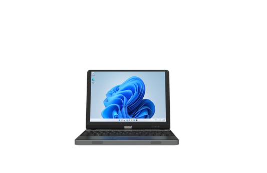 Gray portable 10.5-inch laptop with 360-degree rotation, Windows 11 Pro, Intel N150, lightweight design, face recognition features.