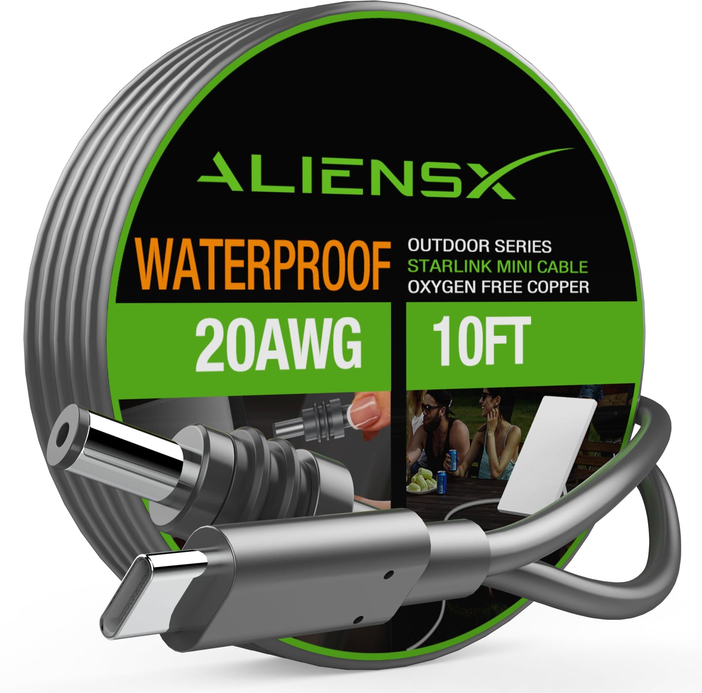 ALIENSX 3M portable Starlink Mini DC power cable with USB-C for Starlink Mini dish antenna and power bank connection.