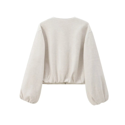 Gray MUJER 2025 fleece bomber jacket for women with soft zipper, long sleeves, cropped design, ideal for sports and casual wear.